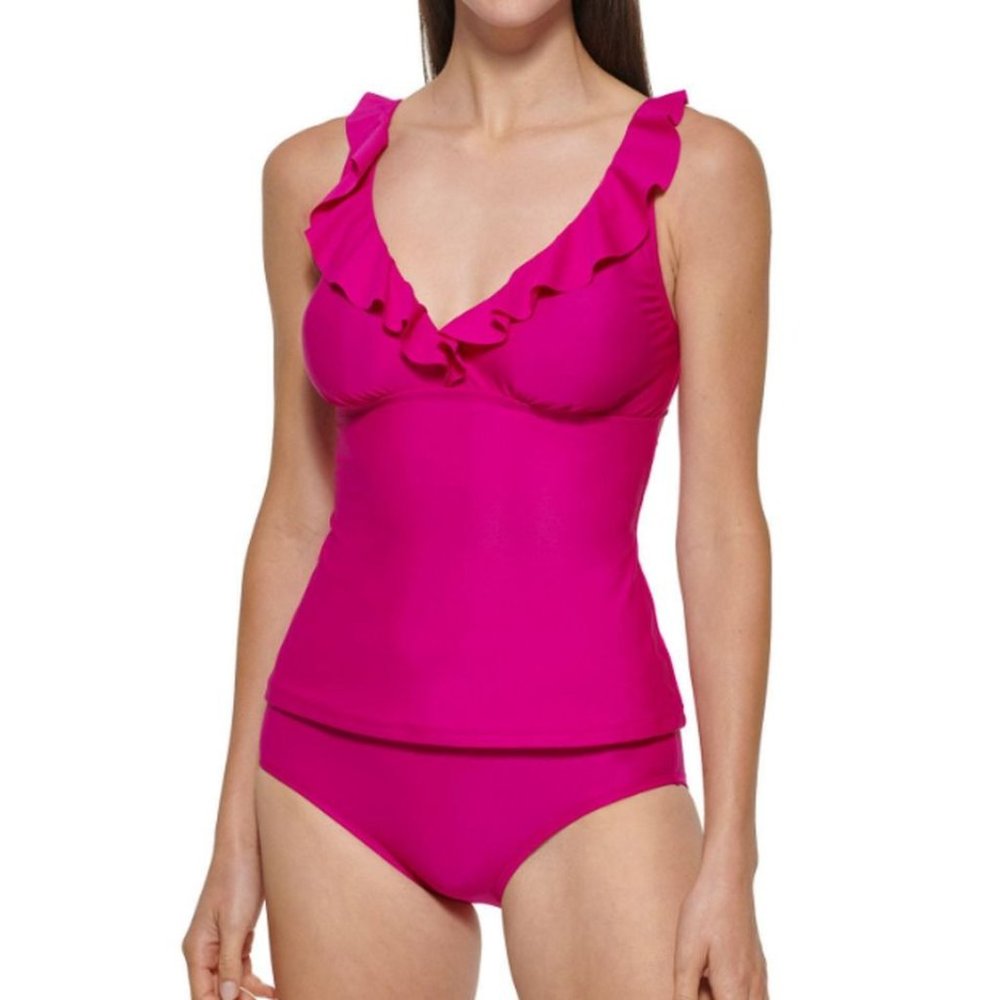 DKNY V-Neck Ruffle Tankini Pink Swimsuit Set Full Coverage Bottom Size Large